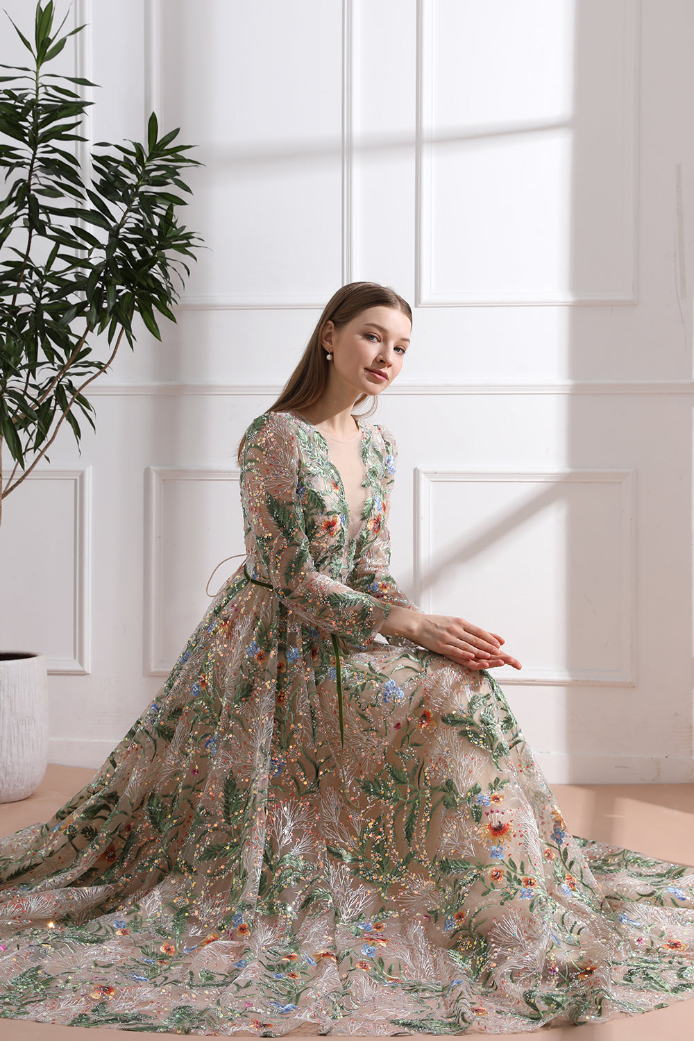 MissJophiel 3/4 Sleeves Illusion V Neck Embroidery Beaded Long Dress Green/Champagne / Floor Length / US8 MissJophiel 3/4 Sleeves Illusion V Neck Embroidery Beaded Long Dress Green/Champagne / Floor Length / US8