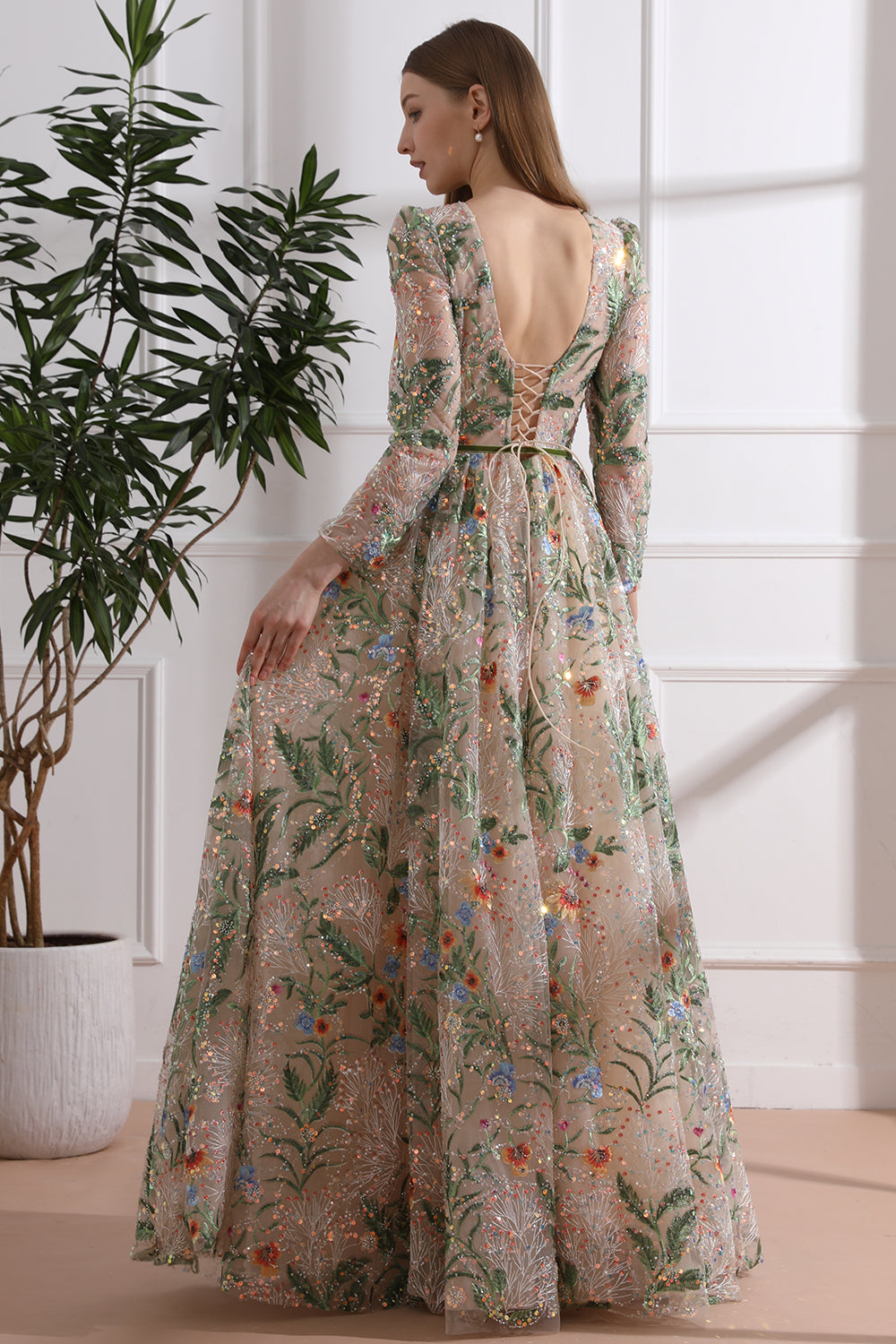 3/4 Sleeves Illusion V Neck Embroidery Beaded Long Dress