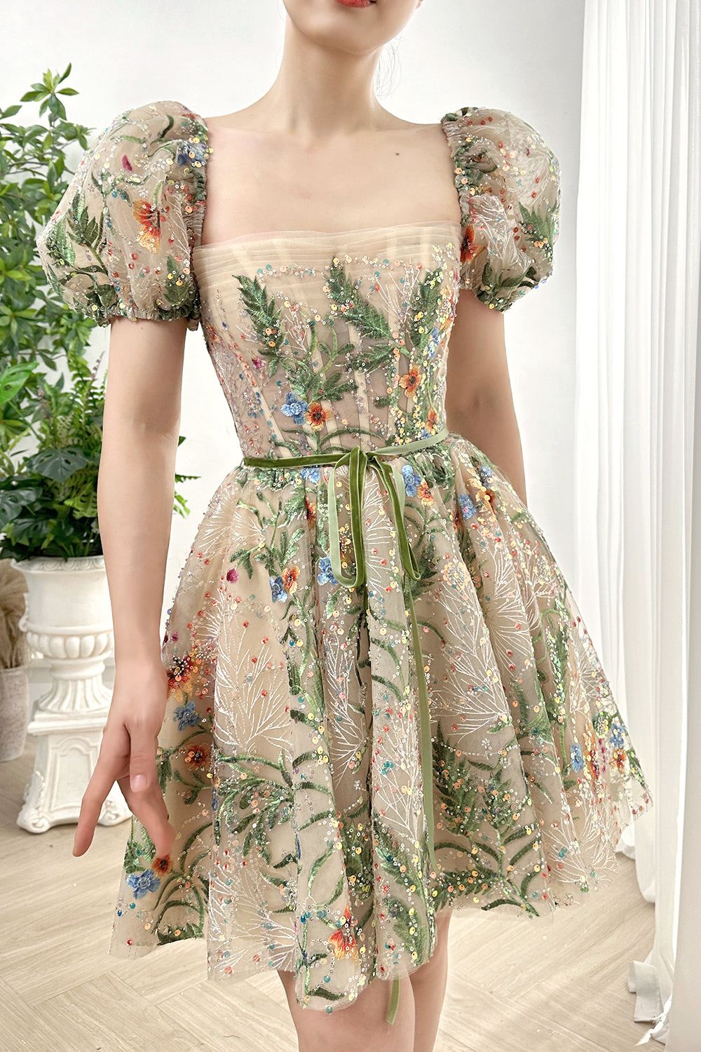 MissJophiel Short Puff Sleeves Corset Floral Embroidery Beaded Mini Prom Homecoming Dress