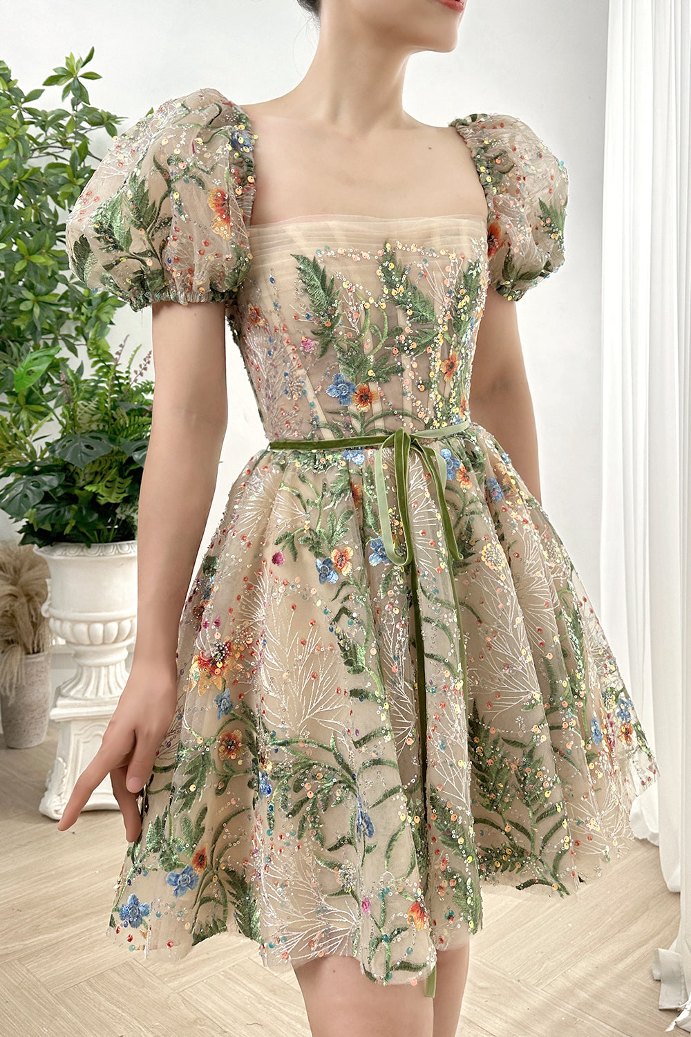 MissJophiel Short Puff Sleeves Corset Floral Embroidery Beaded Mini Dress