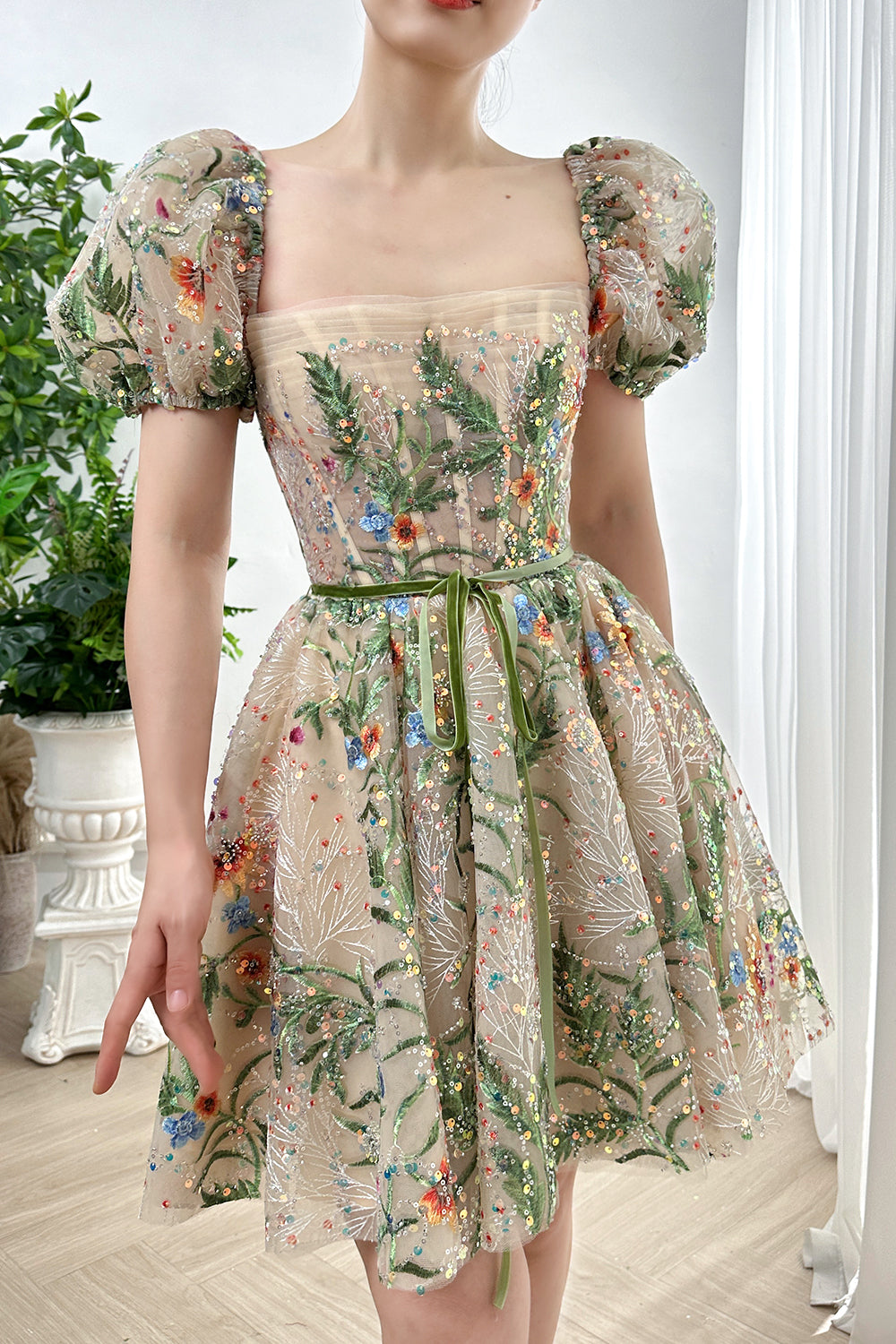 MissJophiel Short Puff Sleeves Corset Floral Embroidery Beaded Mini Dress