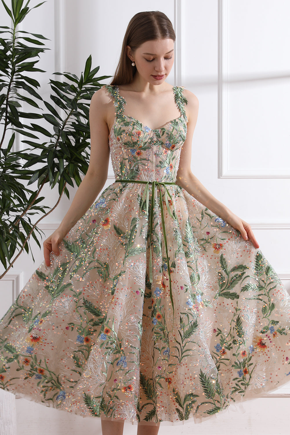 MissJophiel Straps V Neck Corset Floral Embroidery Beaded Midi Dress Green/Champagne / Floor Length / US2 MissJophiel Straps V Neck Corset Floral Embroidery Beaded Midi Dress Green/Champagne / Floor Length / US2