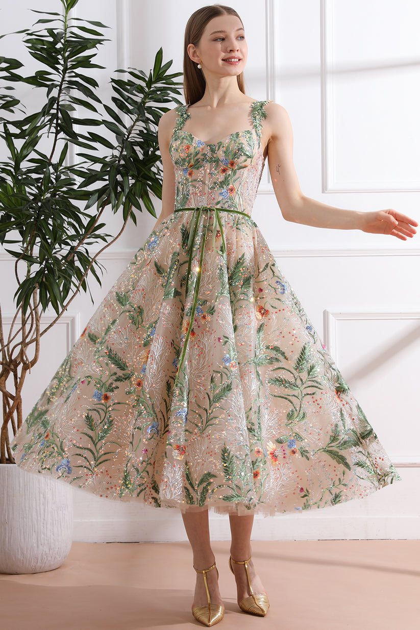 MissJophiel Straps V Neck Corset Floral Embroidery Beaded Midi Dress