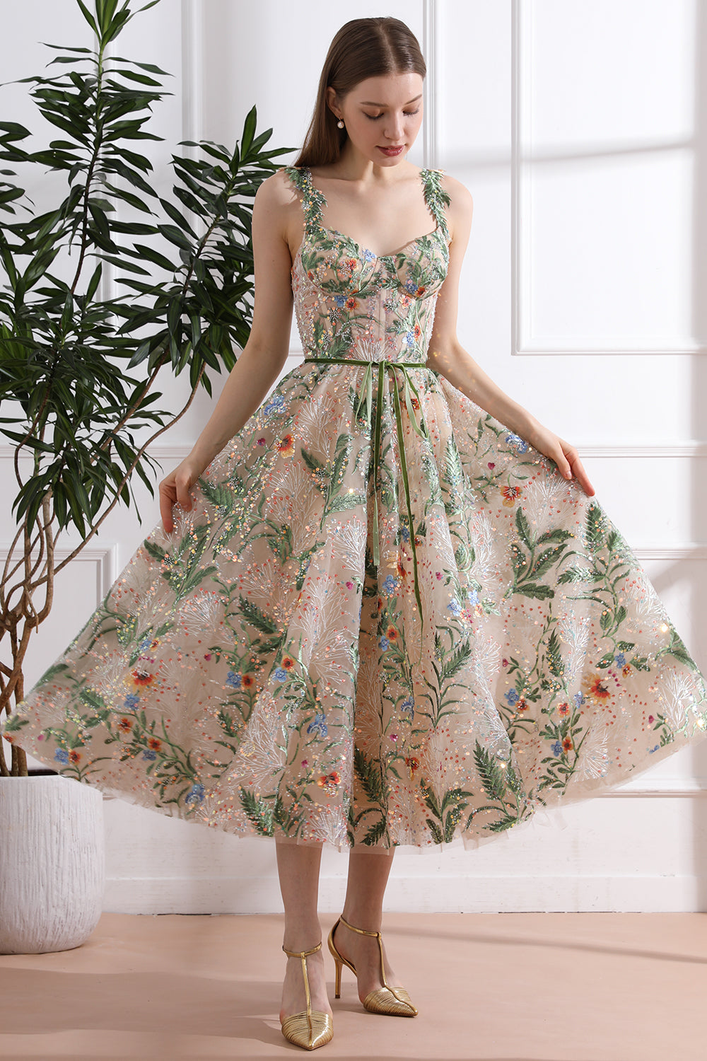Straps V Neck Embroidery Floral Corset Lavender Dress