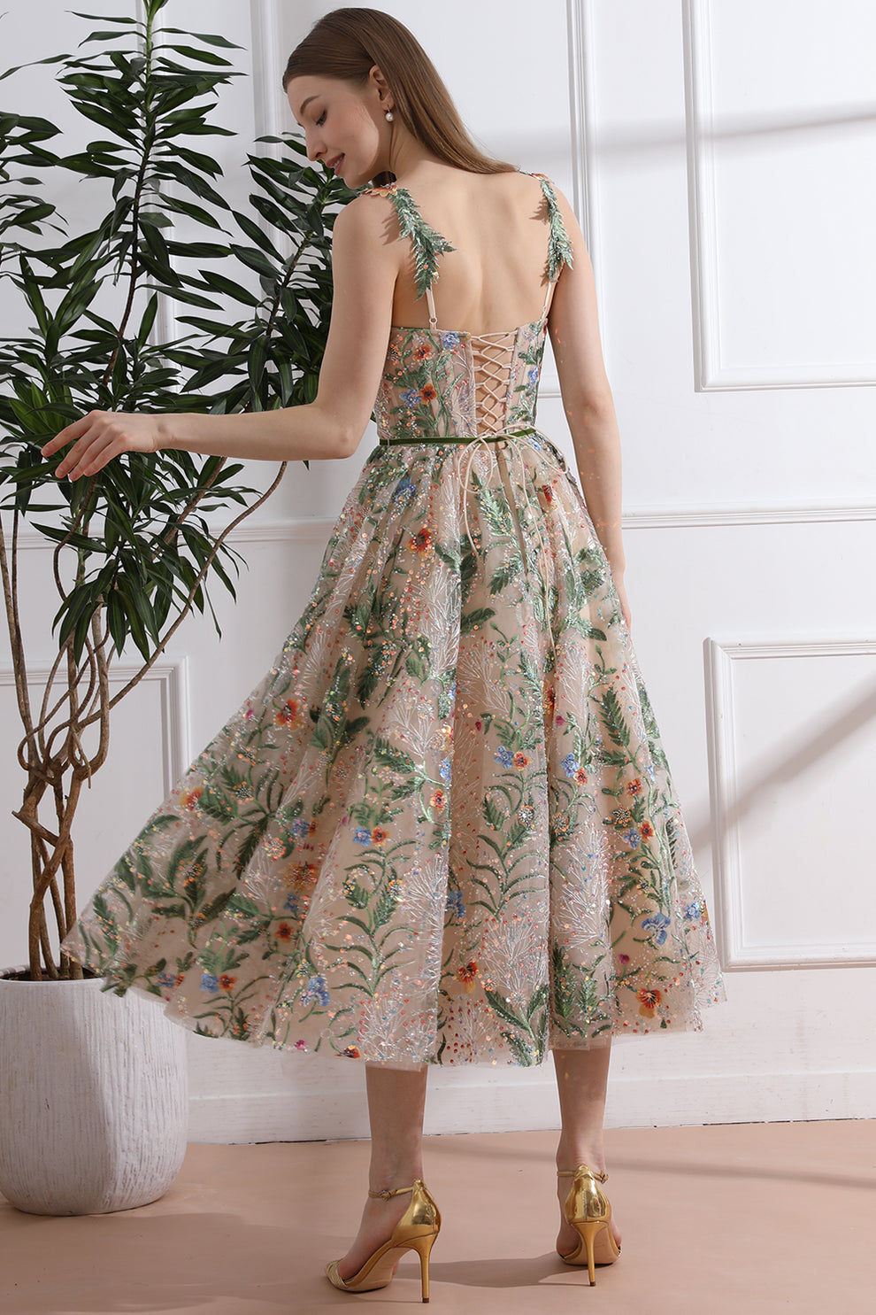 MissJophiel Straps V Neck Corset Floral Embroidery Beaded Midi Dress