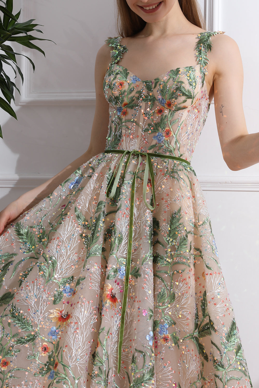 MissJophiel Straps V Neck Corset Floral Embroidery Beaded Midi Dress Green/Champagne / Floor Length / US2