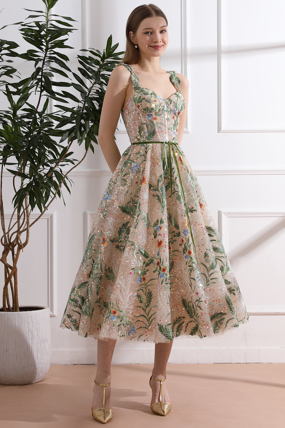 MissJophiel Straps V Neck Corset Floral Embroidery Beaded Midi Dress