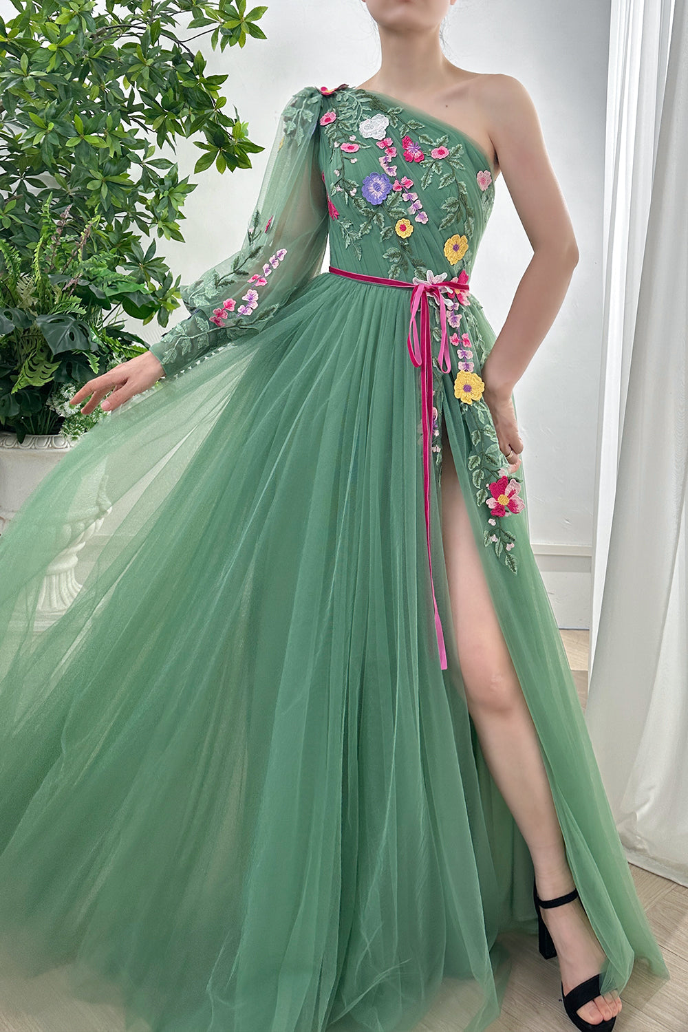 MissJophiel One Shoulder Long Sleeves Floral Embroidery Sage Green Dress with Slit