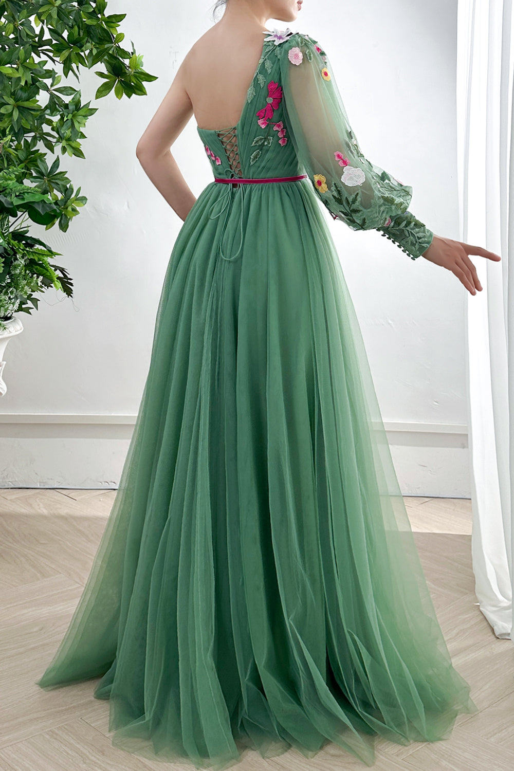 MissJophiel One Shoulder Long Sleeves Floral Embroidery Sage Green Dress with Slit Other / Tea Length / US2 MissJophiel One Shoulder Long Sleeves Floral Embroidery Sage Green Dress with Slit Other / Tea Length / US2