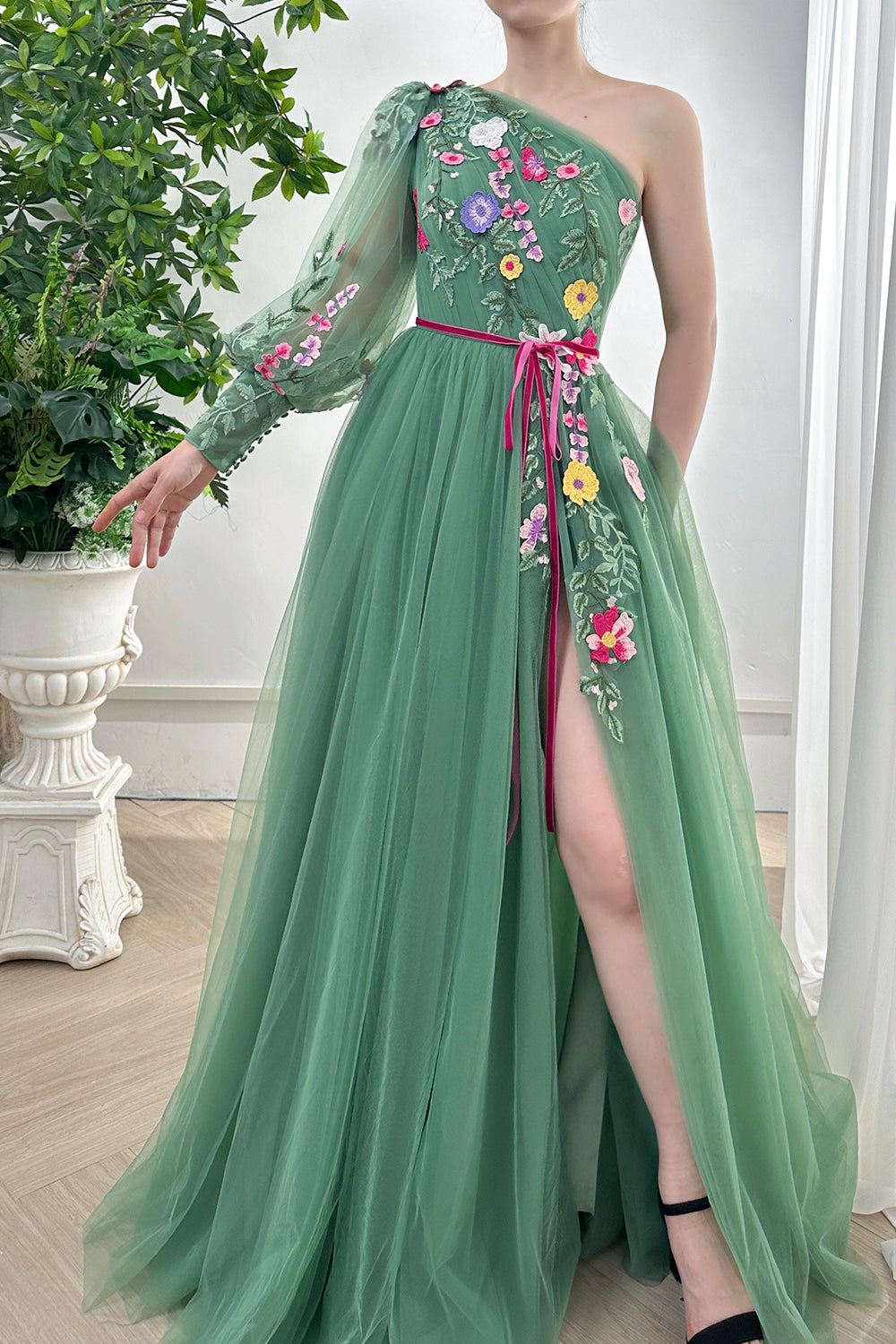 MissJophiel One Shoulder Long Sleeves Floral Embroidery Sage Green Dress with Slit Other / Tea Length / US2 MissJophiel One Shoulder Long Sleeves Floral Embroidery Sage Green Dress with Slit Other / Tea Length / US2