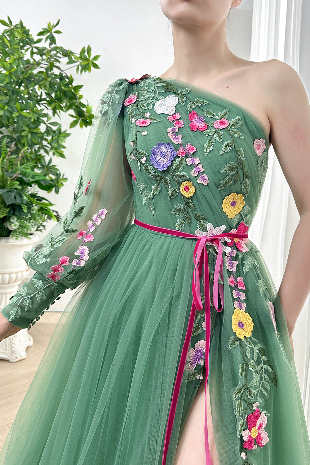 MissJophiel One Shoulder Long Sleeves Floral Embroidery Sage Green Dress with Slit