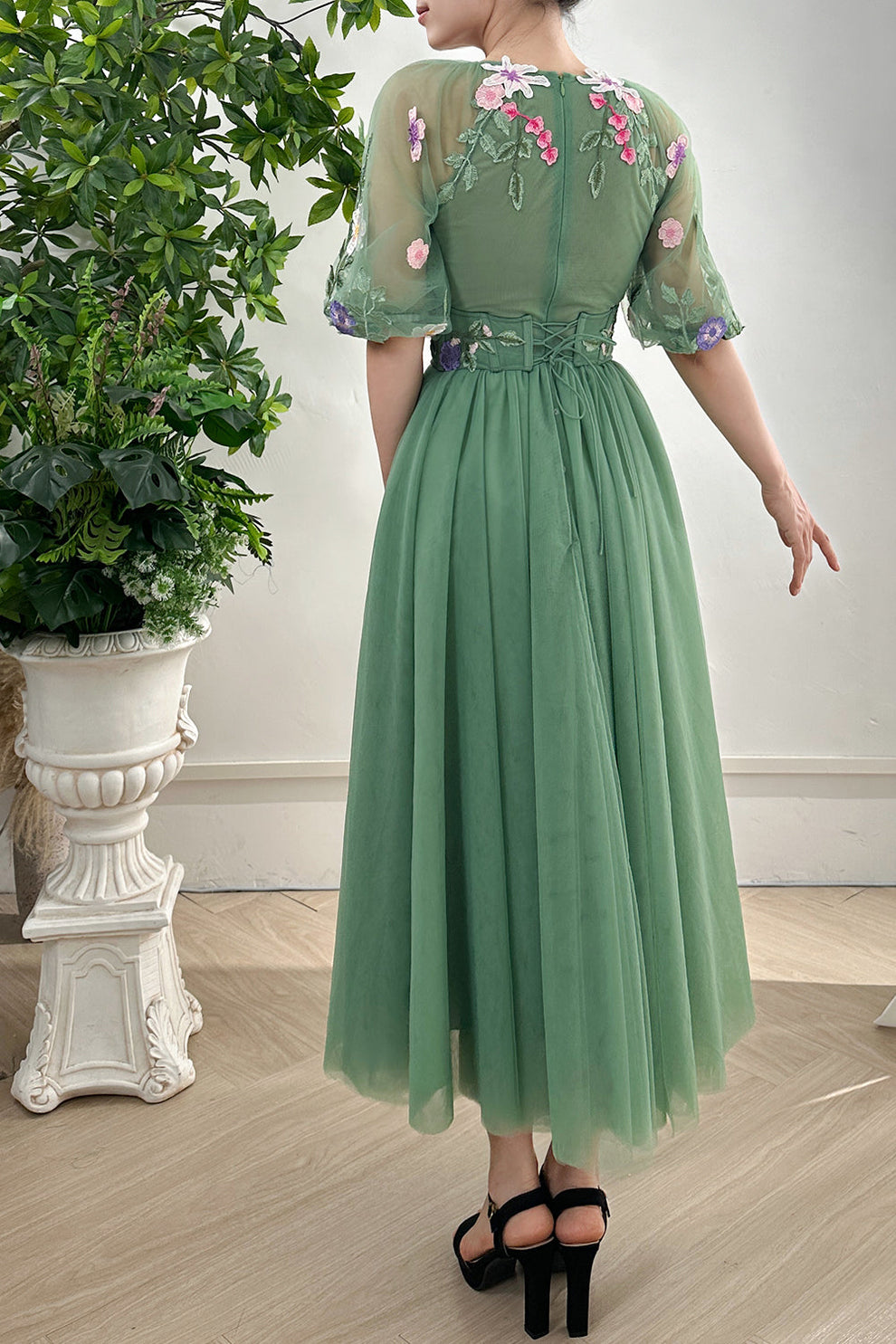 Short Sleeves O Neck Floral Embroidery Long Dress
