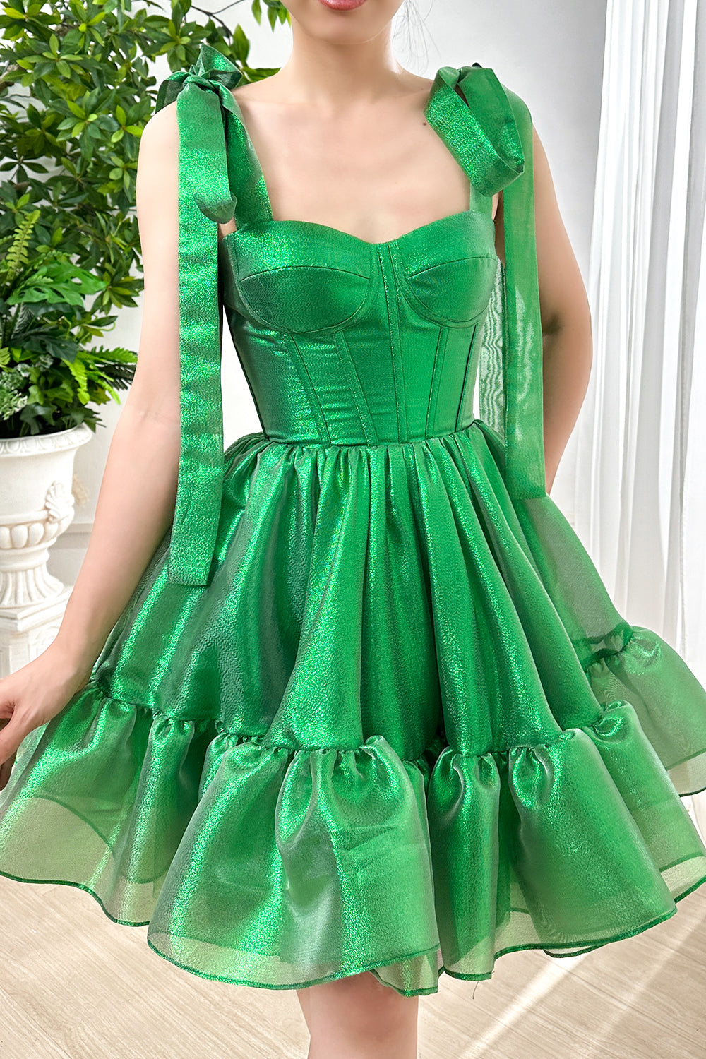 MissJophiel Corset Green Sparkly Organza Tiered Dress with Tie Straps