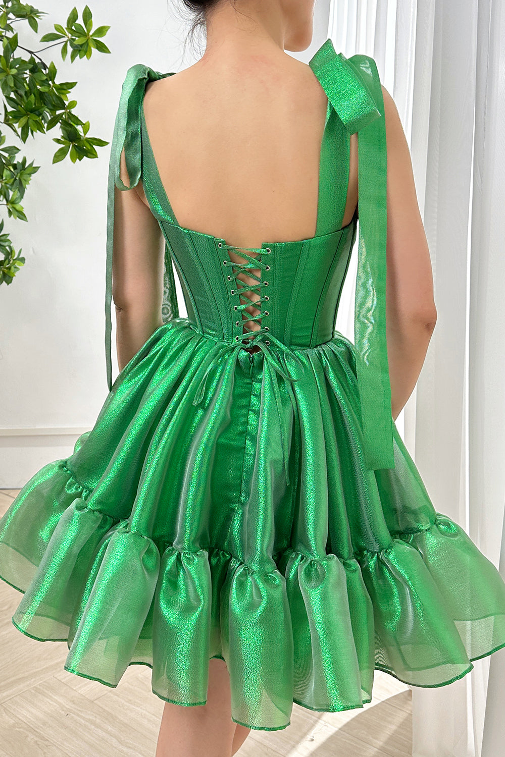 Corset Green Sparkly Organza Tiered Dress with Tie Straps