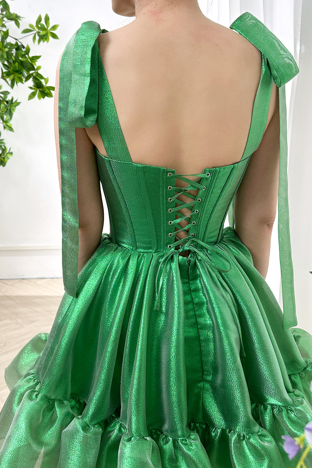 Corset Green Sparkly Organza Tiered Dress with Tie Straps