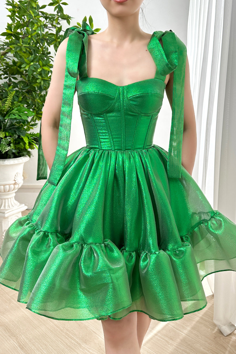 Corset Green Sparkly Organza Tiered Dress with Tie Straps