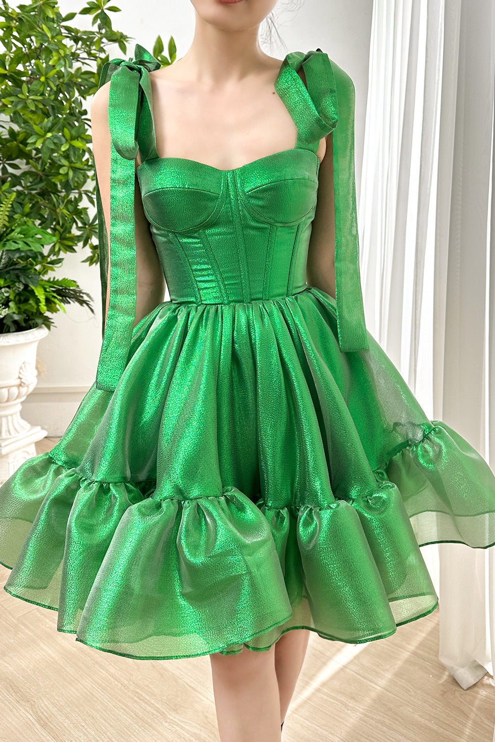 MissJophiel Corset Green Sparkly Organza Tiered Dress with Tie Straps