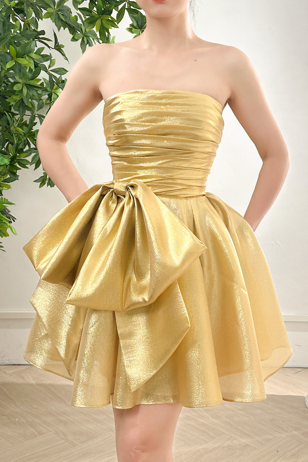 MissJophiel Corset Strapless Light Gold Dress with Bow Light Gold / Tea Length / US14 MissJophiel Corset Strapless Light Gold Dress with Bow Light Gold / Tea Length / US14