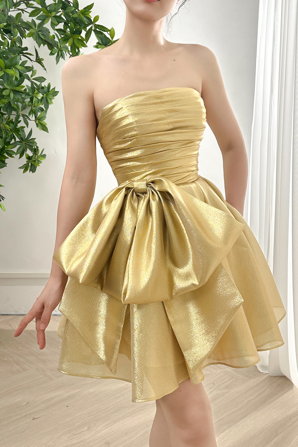 MissJophiel Corset Strapless Light Gold Dress with Bow