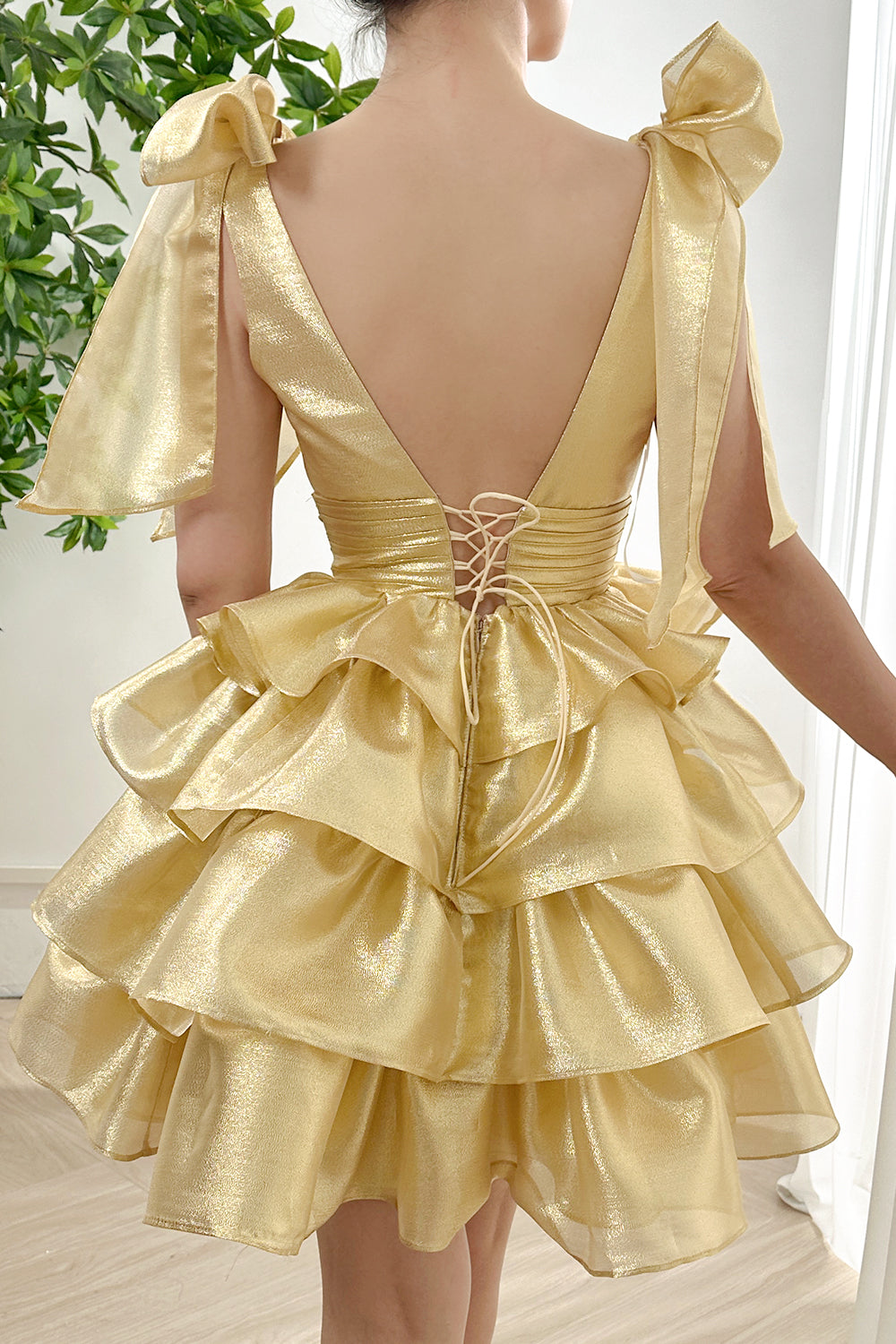 MissJophiel Straps with Bow V Neck Light Gold Tiered Dress MissJophiel Straps with Bow V Neck Light Gold Tiered Dress