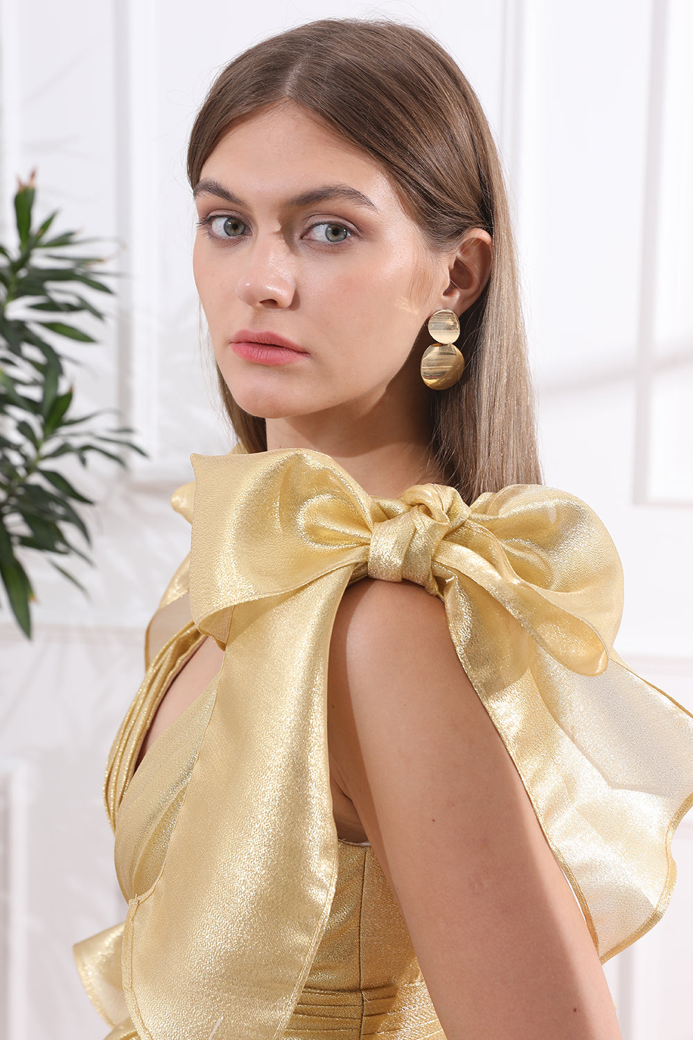 Straps with Bow V Neck Light Gold Tiered Dress