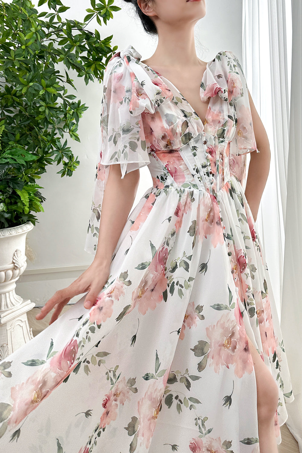 MissJophiel Infinity Corset Floral Print Chiffon Dress with Slit