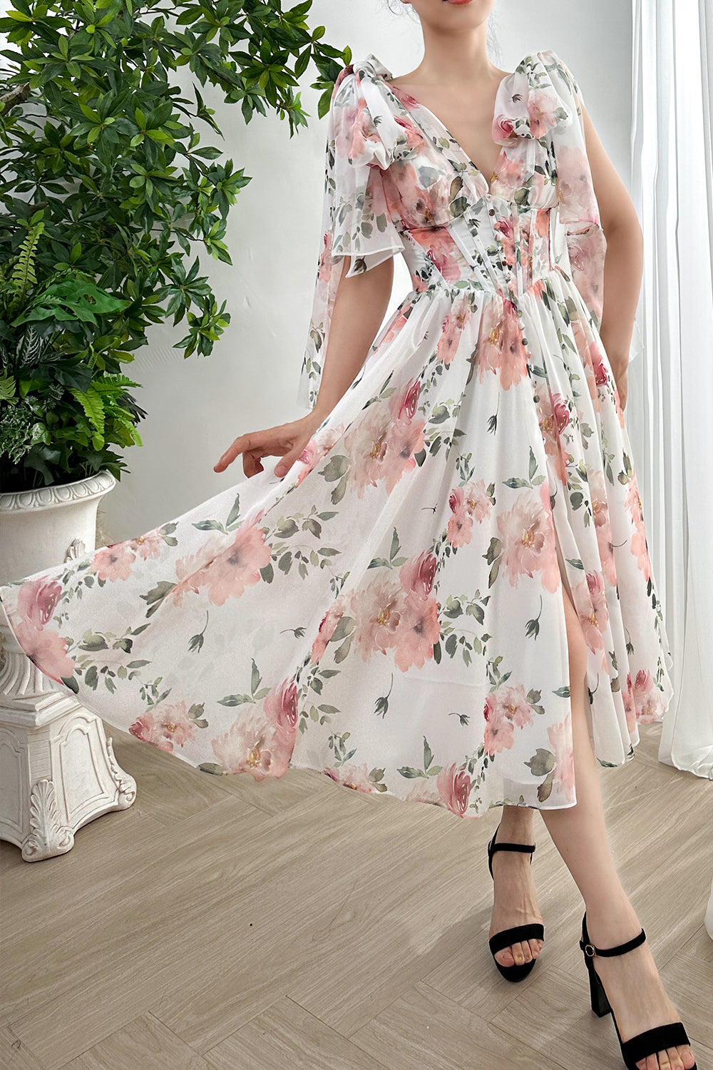 MissJophiel Infinity Corset Floral Print Chiffon Dress with Slit Ivory Floral / Tea Length / US12 MissJophiel Infinity Corset Floral Print Chiffon Dress with Slit Ivory Floral / Tea Length / US12