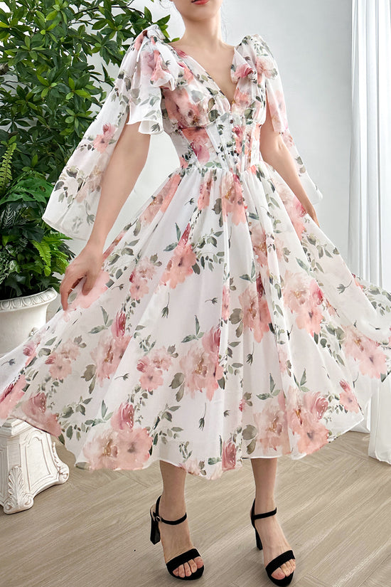 MissJophiel Infinity Corset Floral Print Chiffon Dress with Slit