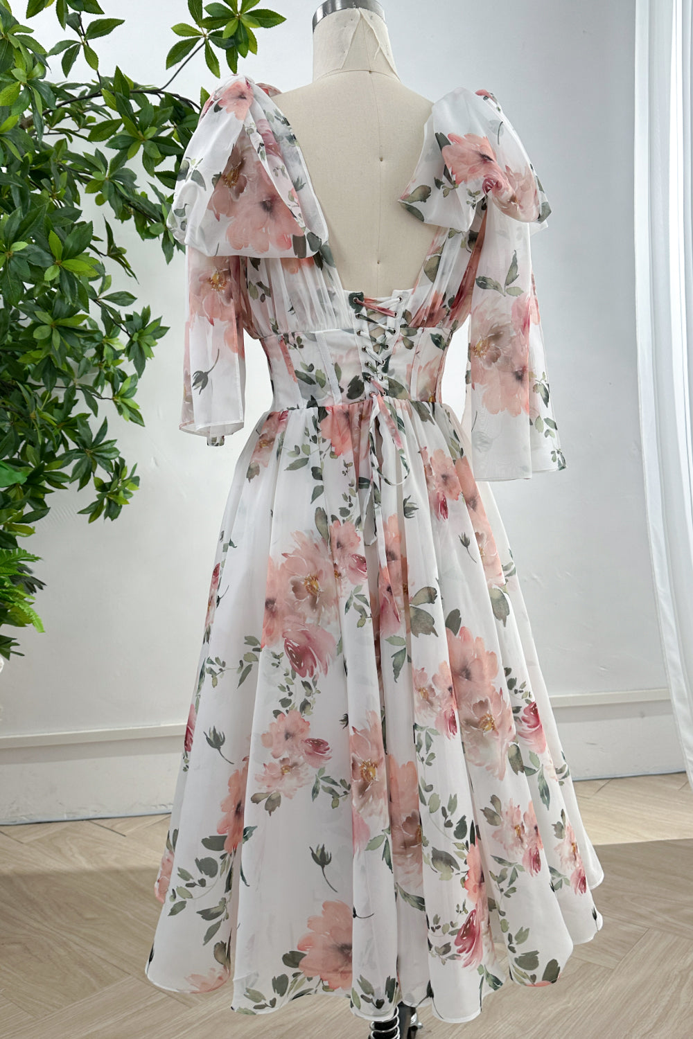 MissJophiel Infinity Corset Floral Print Chiffon Dress with Slit Ivory Floral / Tea Length / US12 MissJophiel Infinity Corset Floral Print Chiffon Dress with Slit Ivory Floral / Tea Length / US12