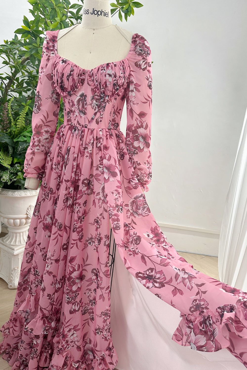 Long Sleeves Corset V Neck Floral Print Chiffon Dress with Side Slit