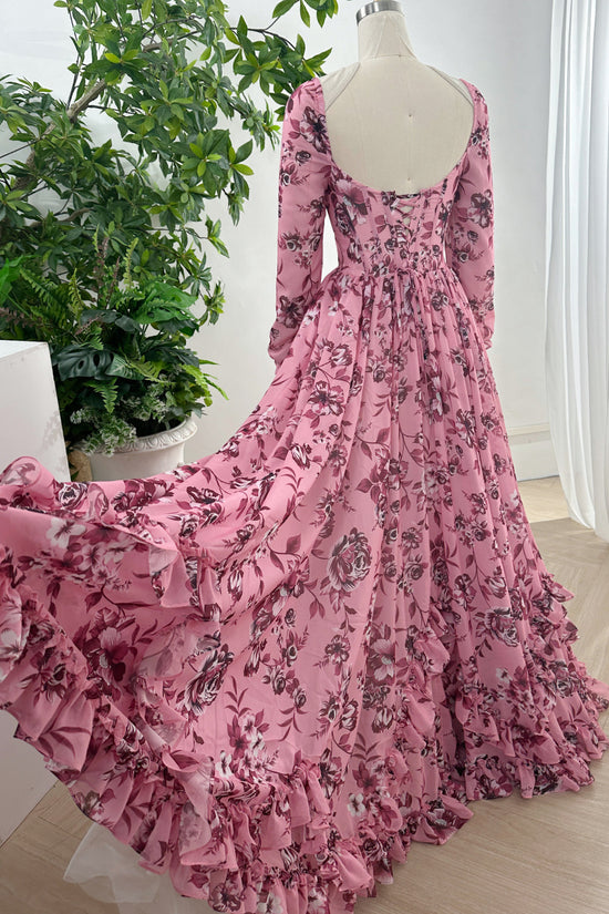 V-neck Chiffon Dresses with Slit and Half Sleeves Coral