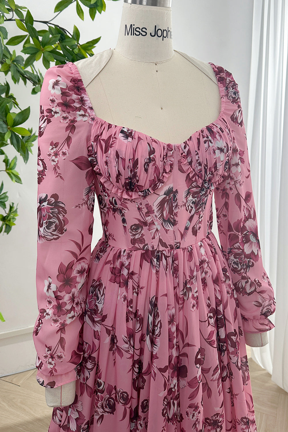 Long Sleeves Corset V Neck Floral Print Chiffon Dress with Side Slit