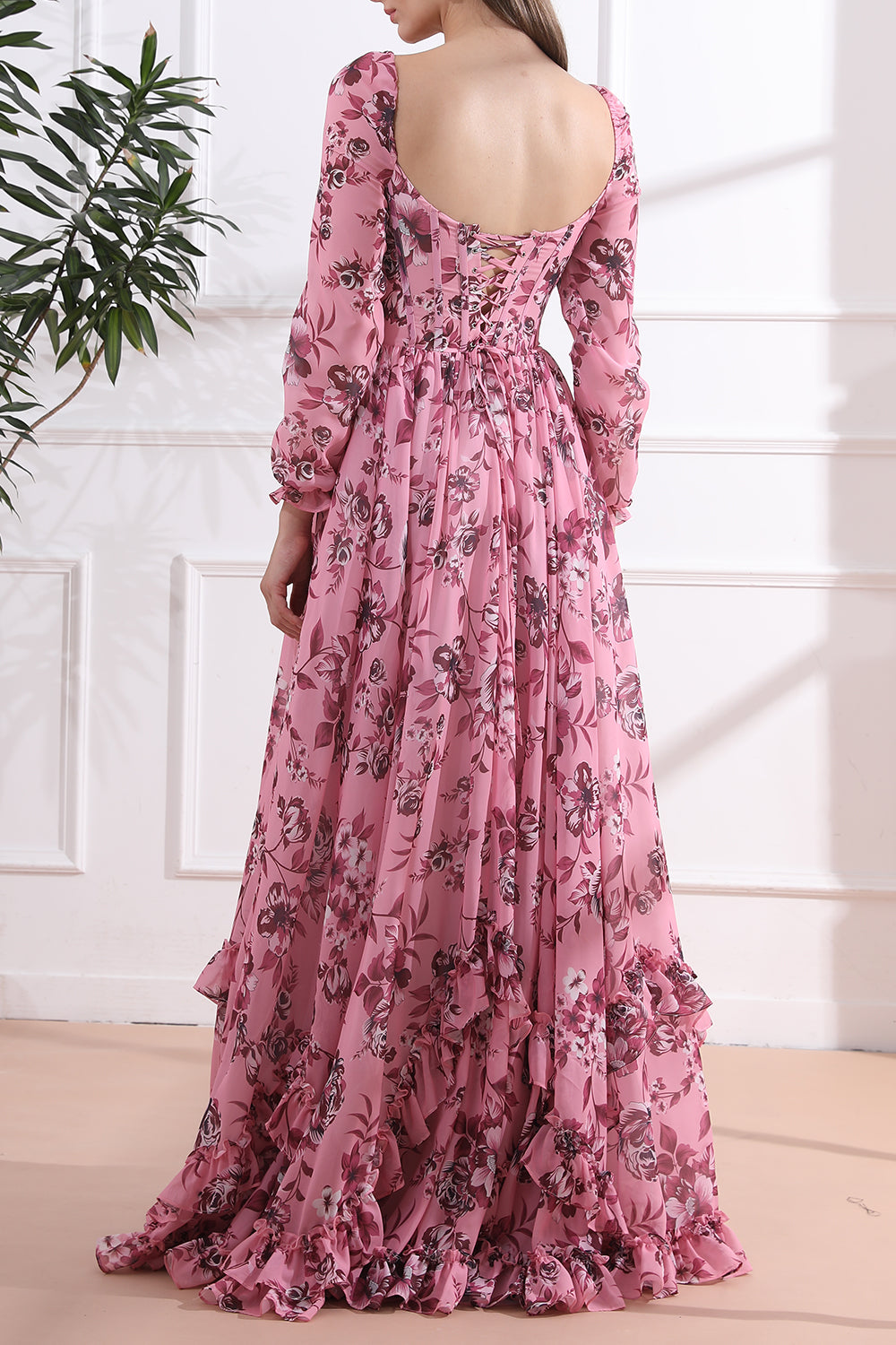 Long Sleeves Corset V Neck Floral Print Chiffon Dress with Side Slit