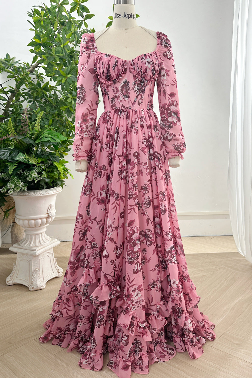 MissJophiel Long Sleeves Corset V Neck Floral Print Chiffon Dress with Side Slit Other / Floor Length / US14 MissJophiel Long Sleeves Corset V Neck Floral Print Chiffon Dress with Side Slit Other / Floor Length / US14