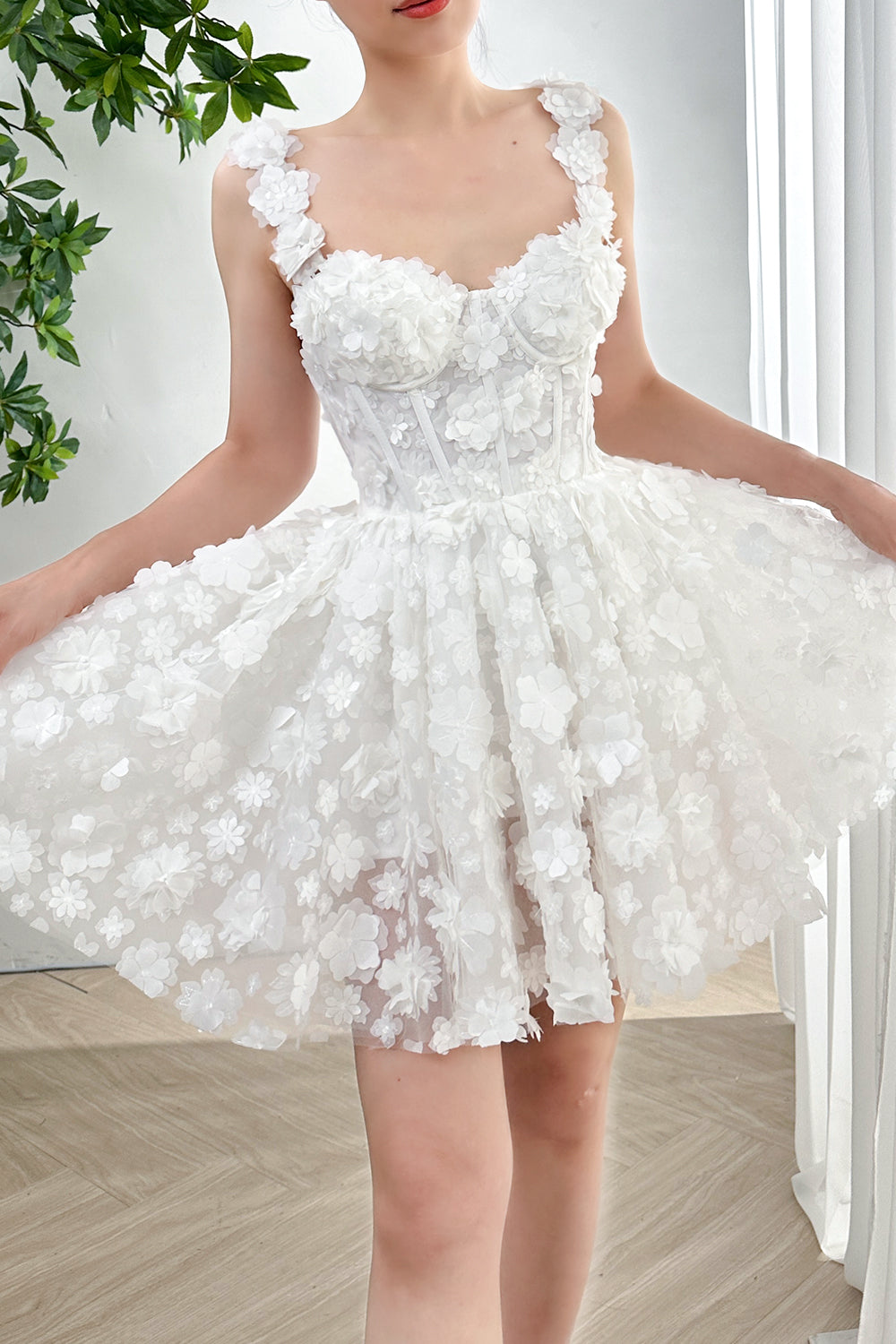 MissJophiel Corset 3D Floral Ivory Mini Dress with Removable Straps Other / Above Knee / US6