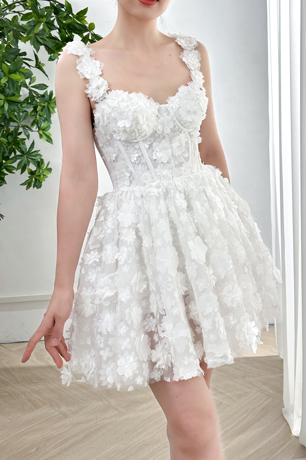 MissJophiel Corset 3D Floral Ivory Mini Dress with Removable Straps Ivory / Tea Length / US8