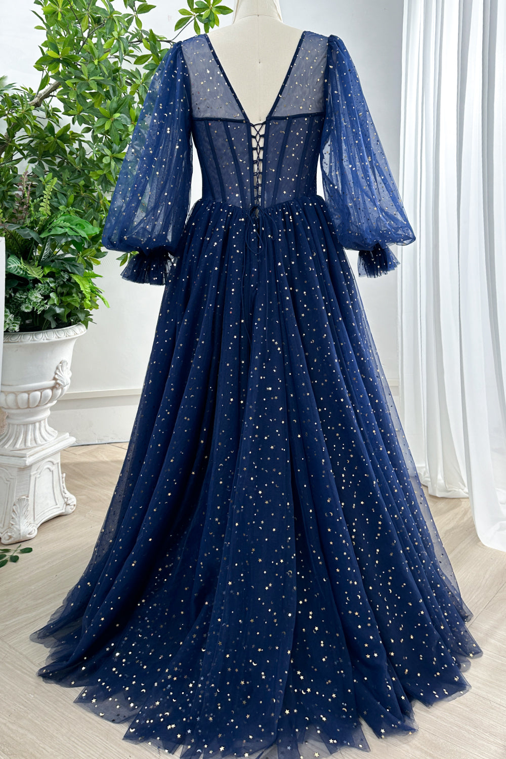 MissJophiel Corset V Neck Long Puffy Sleeves Star Tulle Navy Dress