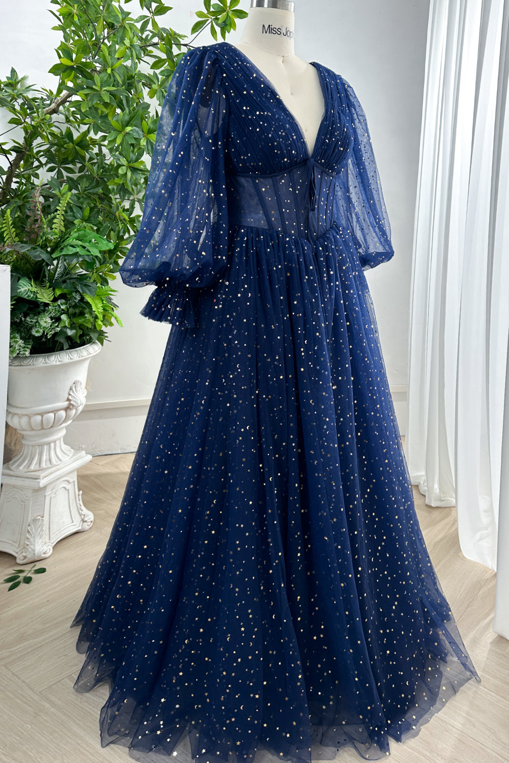 Corset V Neck Long Puffy Sleeves Star Tulle Navy Dress