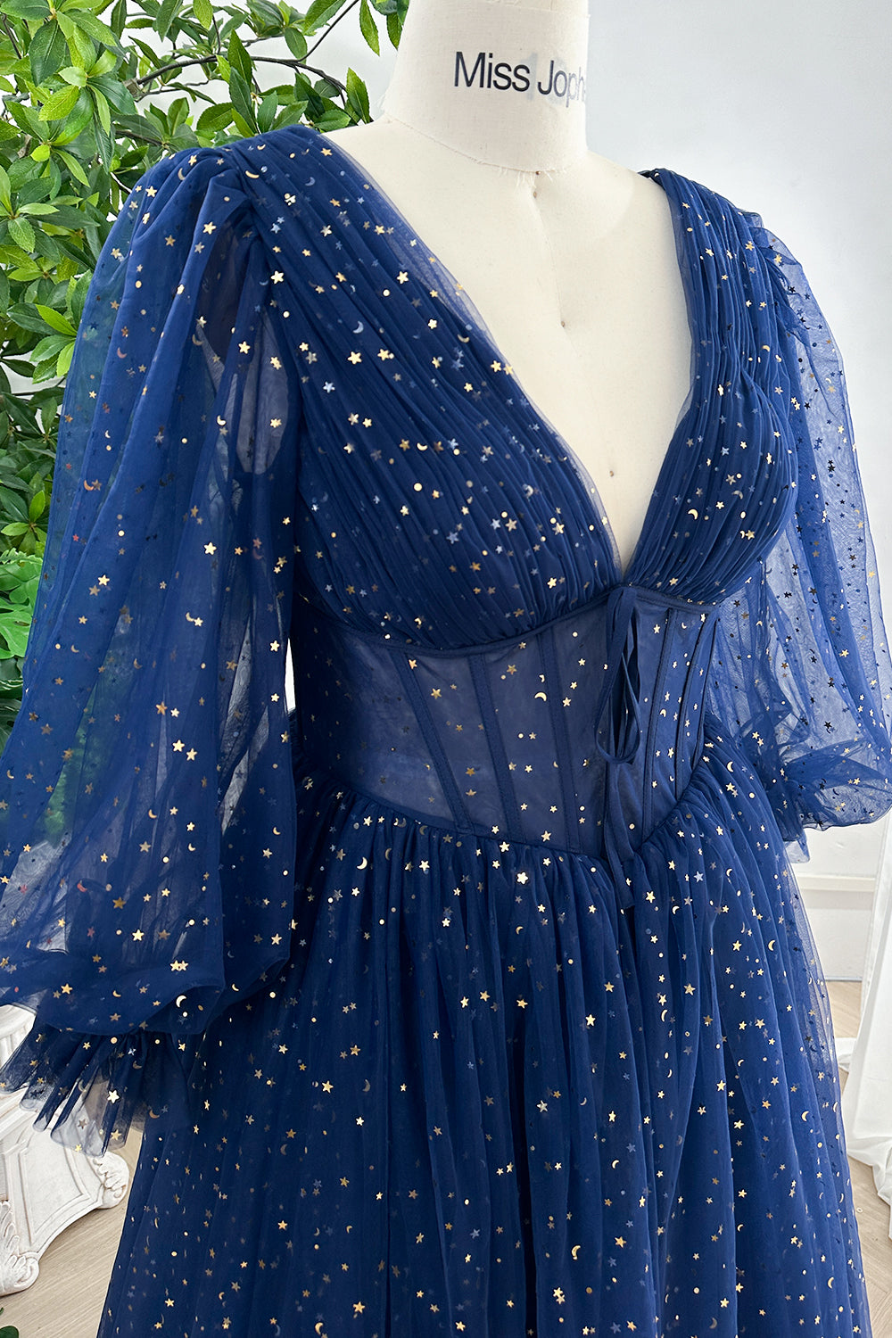 Corset V Neck Long Puffy Sleeves Star Tulle Navy Dress