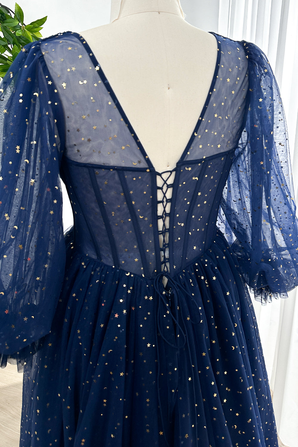 Corset V Neck Long Puffy Sleeves Star Tulle Navy Dress