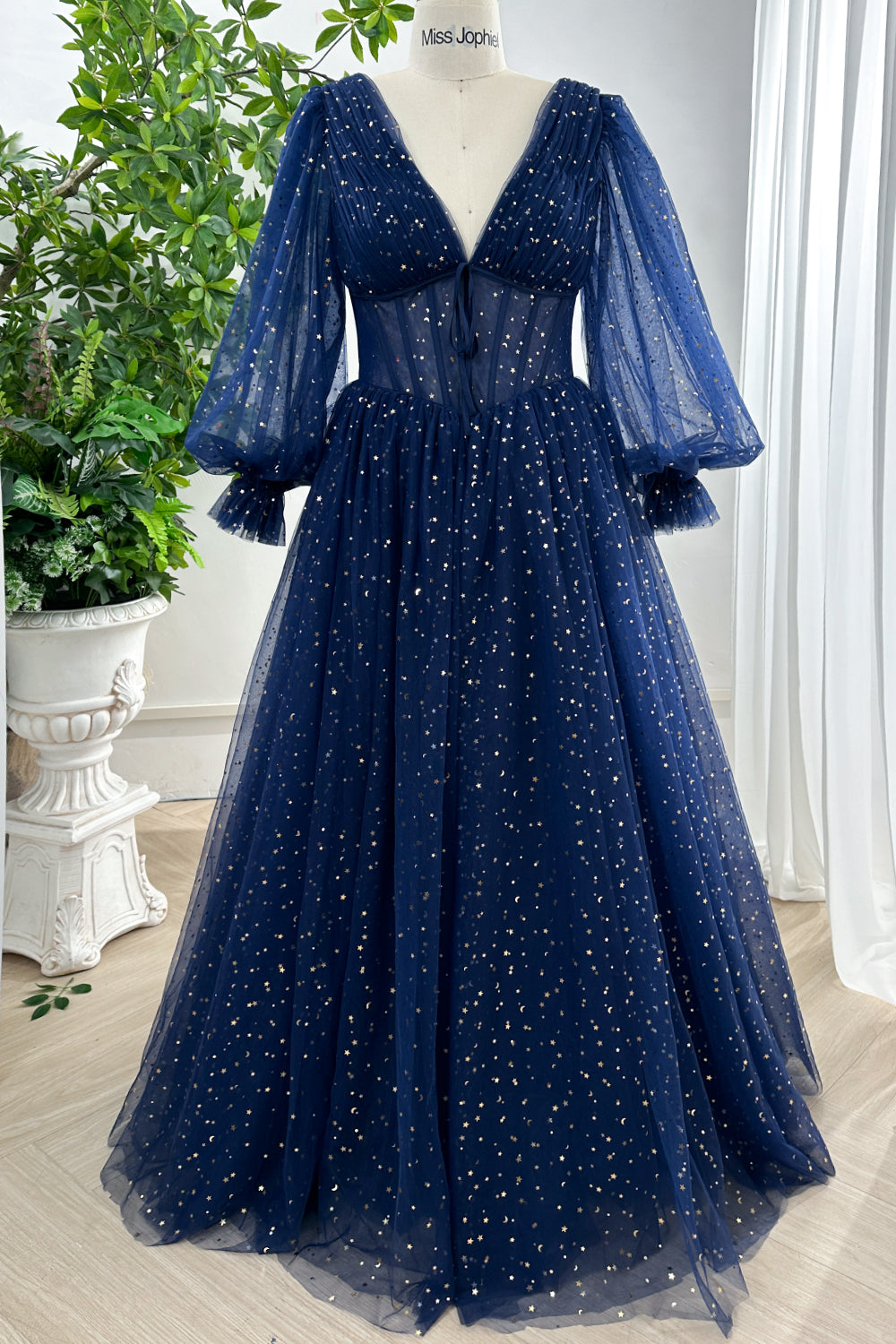 MissJophiel Corset V Neck Long Puffy Sleeves Star Tulle Navy Dress