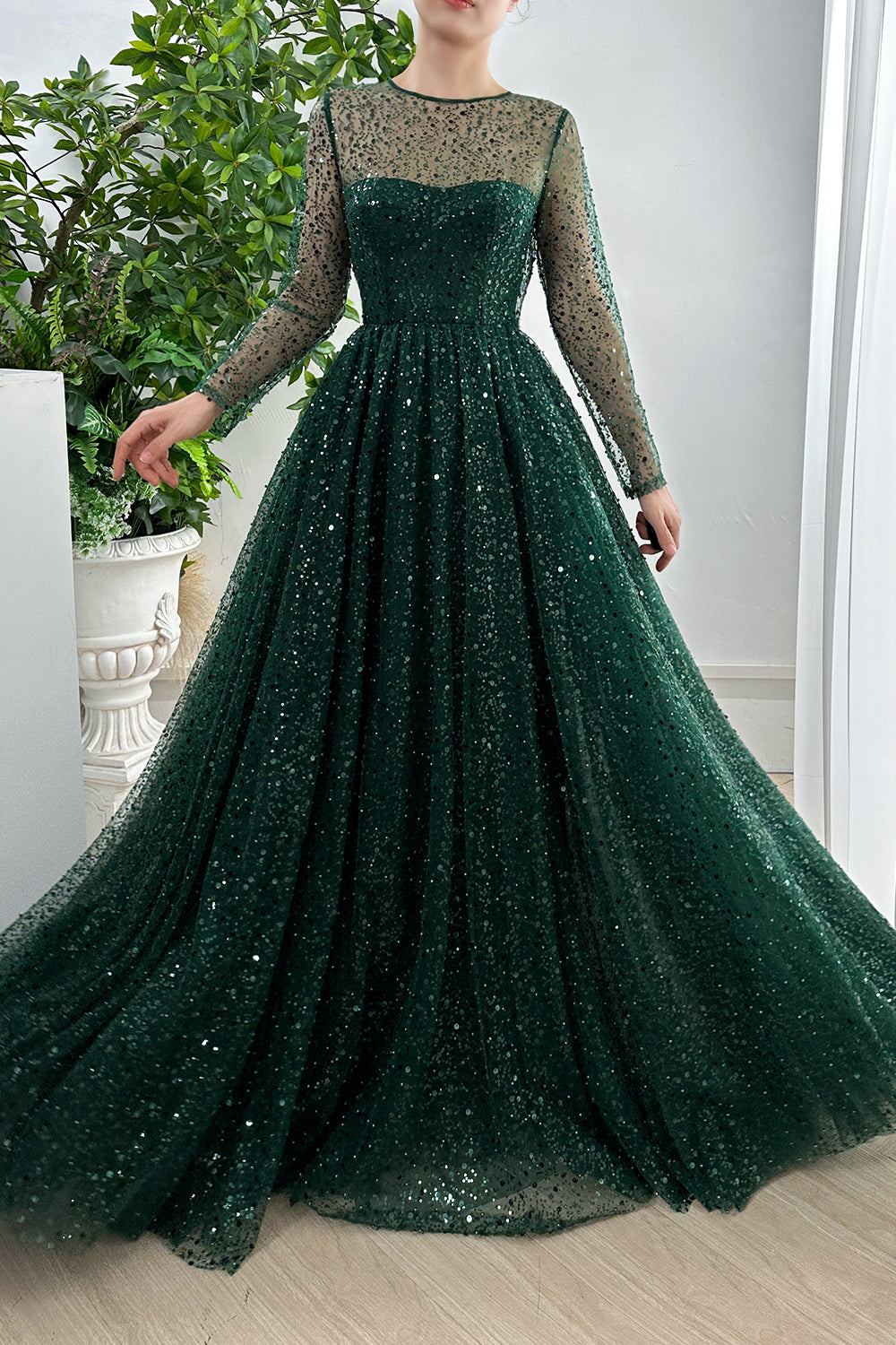 Corset Long Sleeves O Neck Sequin Dark Green Dress