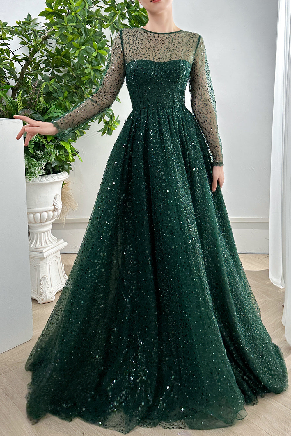 Corset Long Sleeves O Neck Sequin Dark Green Dress