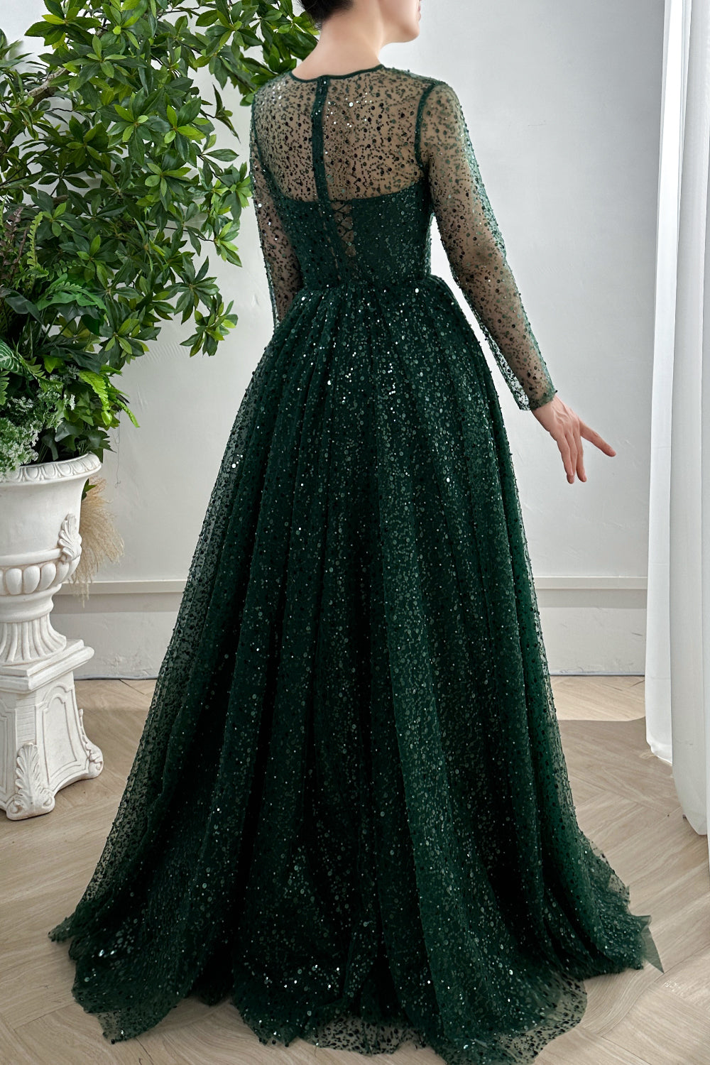 Corset Long Sleeves O Neck Sequin Dark Green Dress