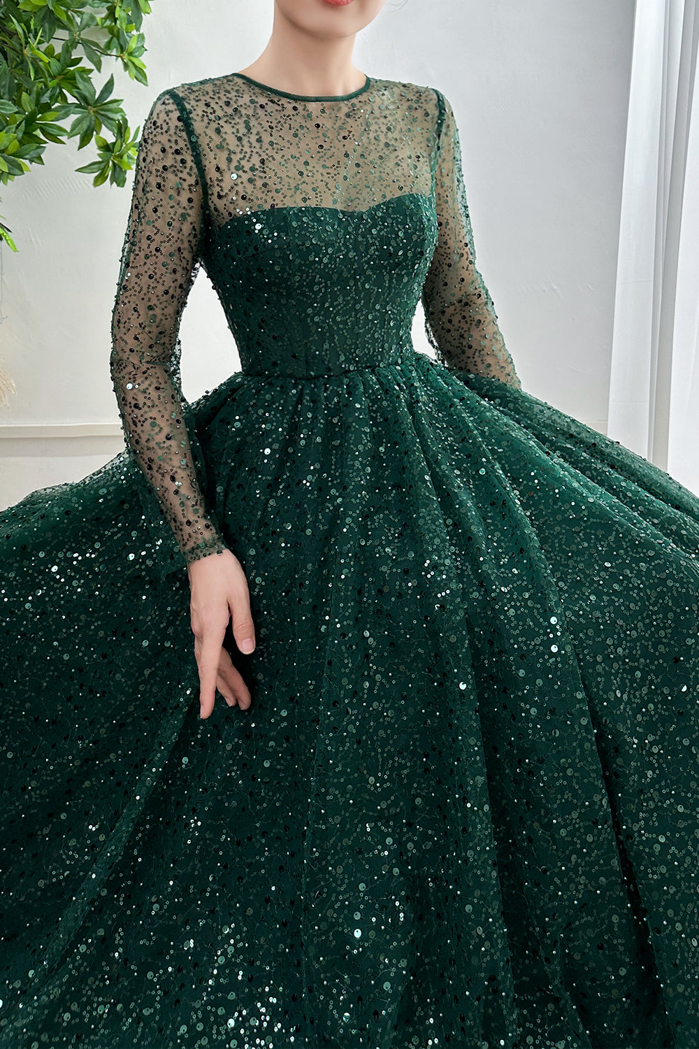 Corset Long Sleeves O Neck Sequin Dark Green Dress