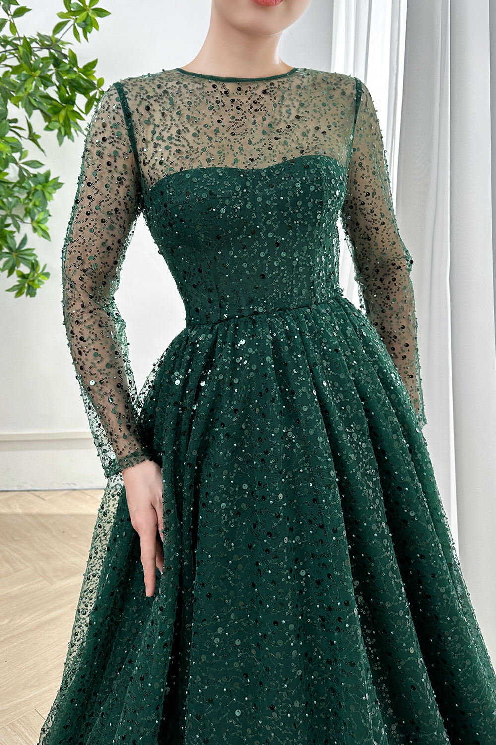 Corset Long Sleeves O Neck Sequin Dark Green Dress