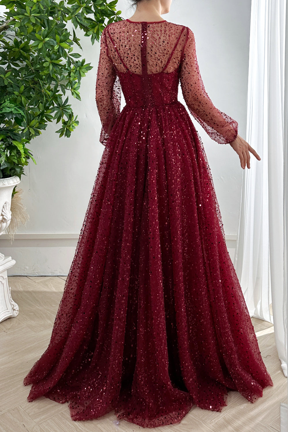 MissJophiel Corset Long Sleeves O Neck Sequin Burgundy Dress with Slit