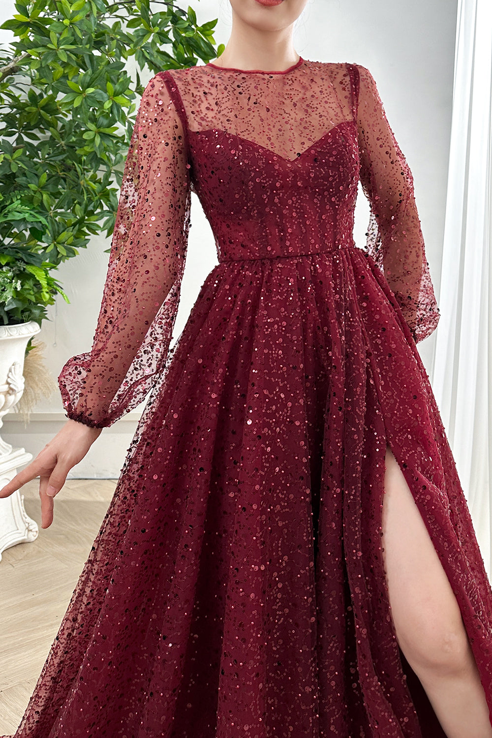 Corset Long Sleeves O Neck Sequin Burgundy Dress with Slit