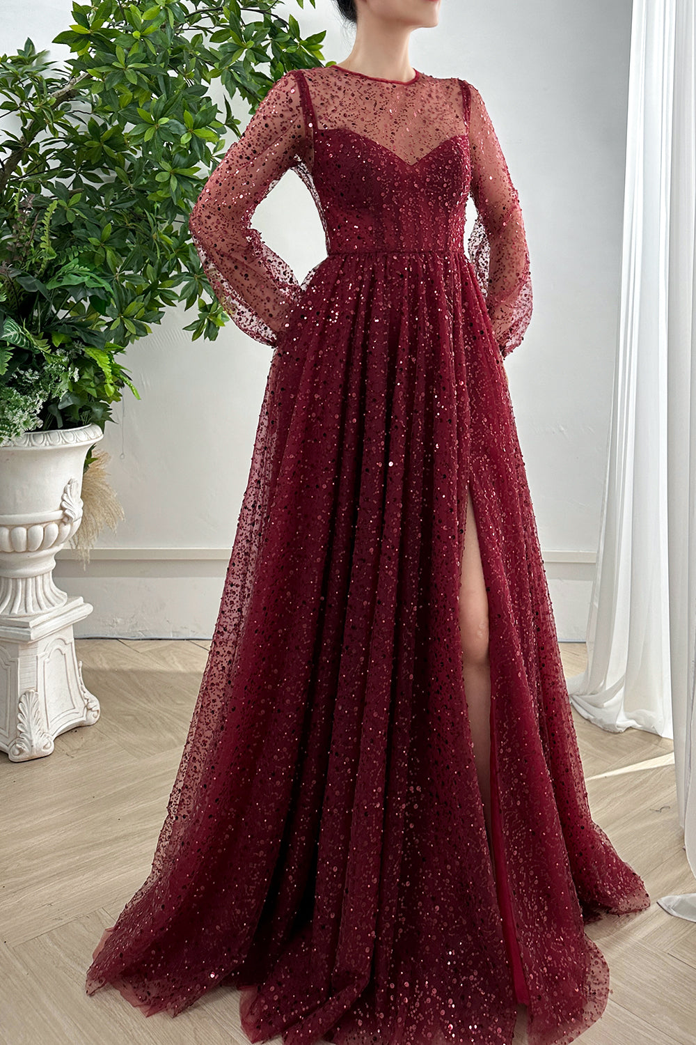 Corset Long Sleeves O Neck Sequin Burgundy Dress with Slit