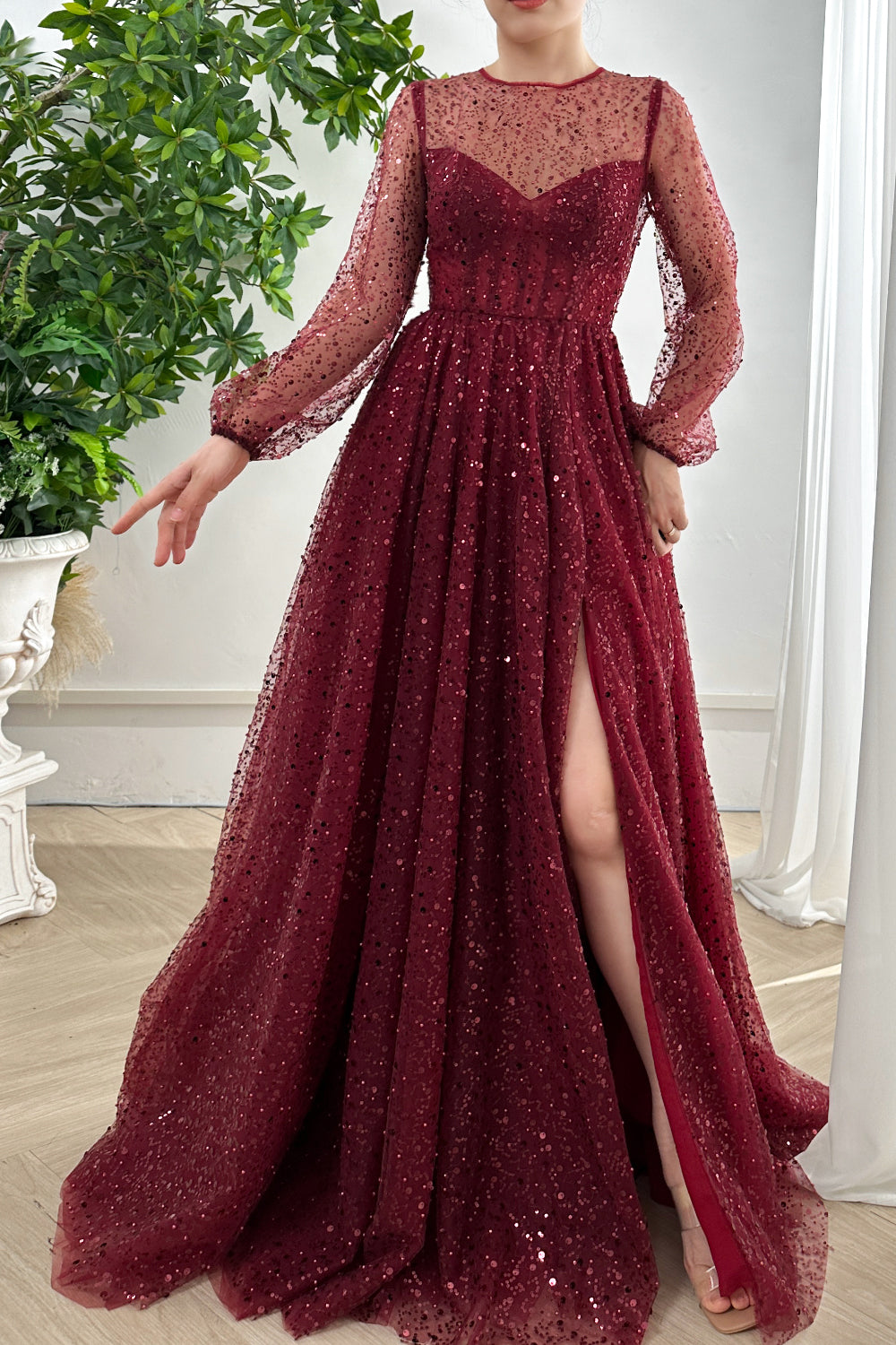 Corset Long Sleeves O Neck Sequin Burgundy Dress with Slit